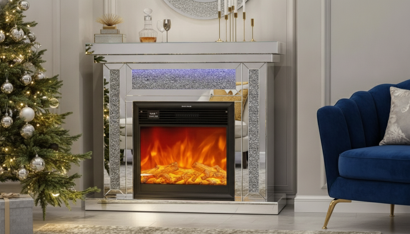 Mirrored Fireplace TV Stand: 3D Flame + 7-Color Mantel